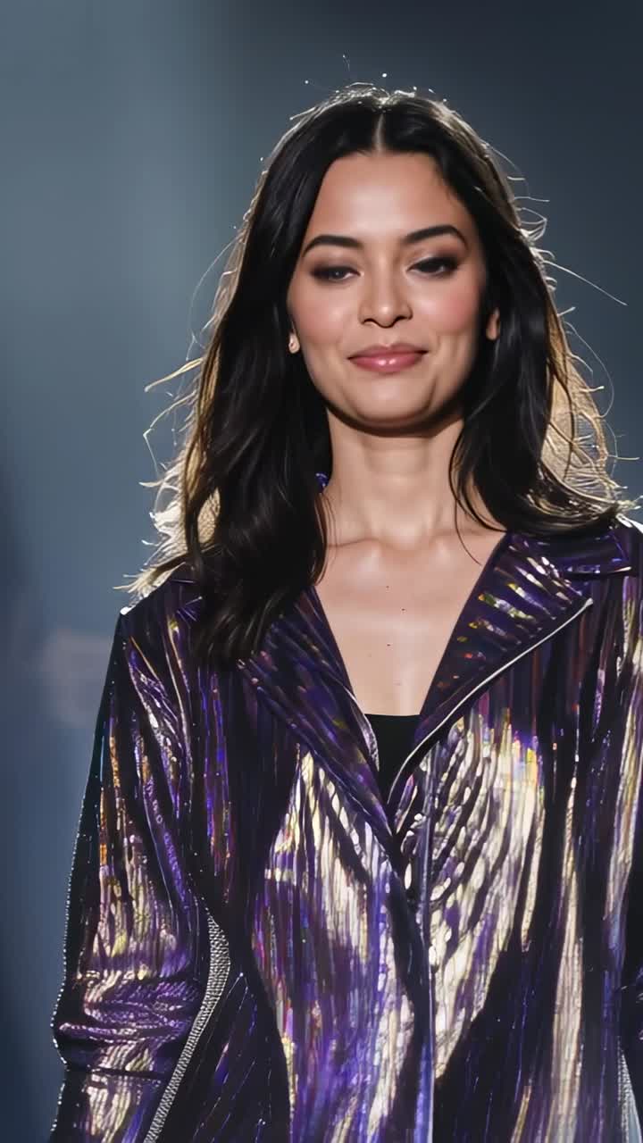 Video vertical: Modelo desfilando tras un foco en la pasarela, mostrando una chaqueta metálica con tachuelas.