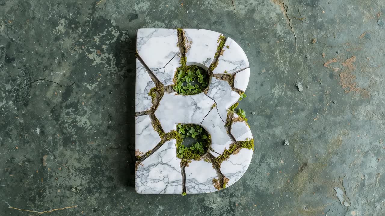 Overhead showing marble letter B on cracked concrete, plants sprouting, grass spreading across B