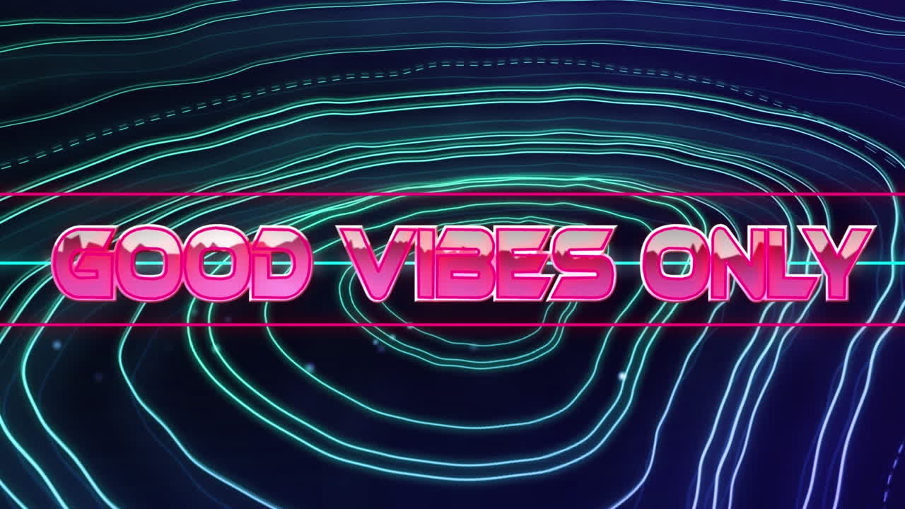 Animation of good vibes only text banner over topography patterns against blue background