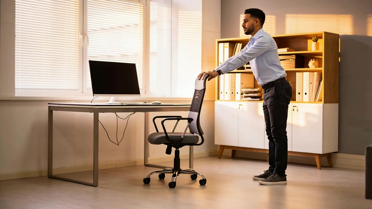Homem de camisa azul clara fazendo uma pausa na mesa, segurando o encosto da cadeira de tela, alongando-se, com espaço para texto.
