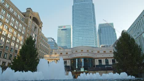 cinematic view of hsbc, one canada square, citibank uk in 4k from cabot square.