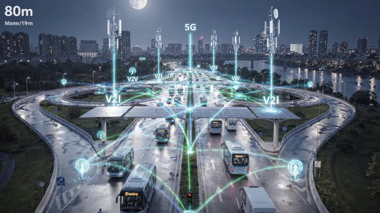 Un paesaggio urbano futuristico che mostra trasporti avanzati con strade illuminate, autobus, ciclisti e tecnologia smart sotto una luna piena di notte.