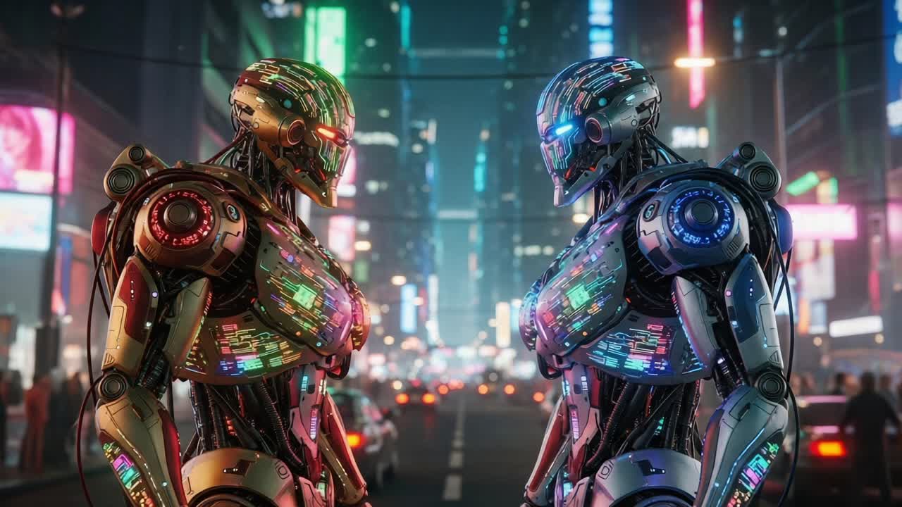 Two Futuristic Robots Engage in a Dynamic Standoff in a Vibrant Cyberpunk Cityscape, Showcasing Advanced Technology and Neon Lighting Effects