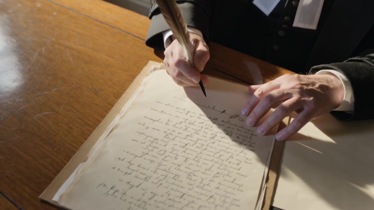 Reviewing senior man in black robe picking quill, writing and annotating paper at courtroom desk