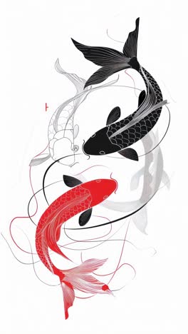 artistic top-down view of koi fish in black, red, and white