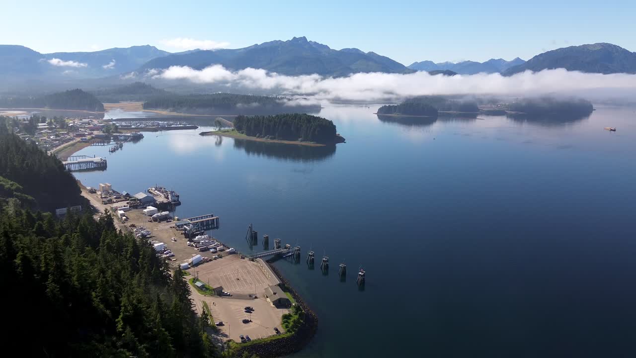 aerial pushing in over waterway, Hoonah Alaska