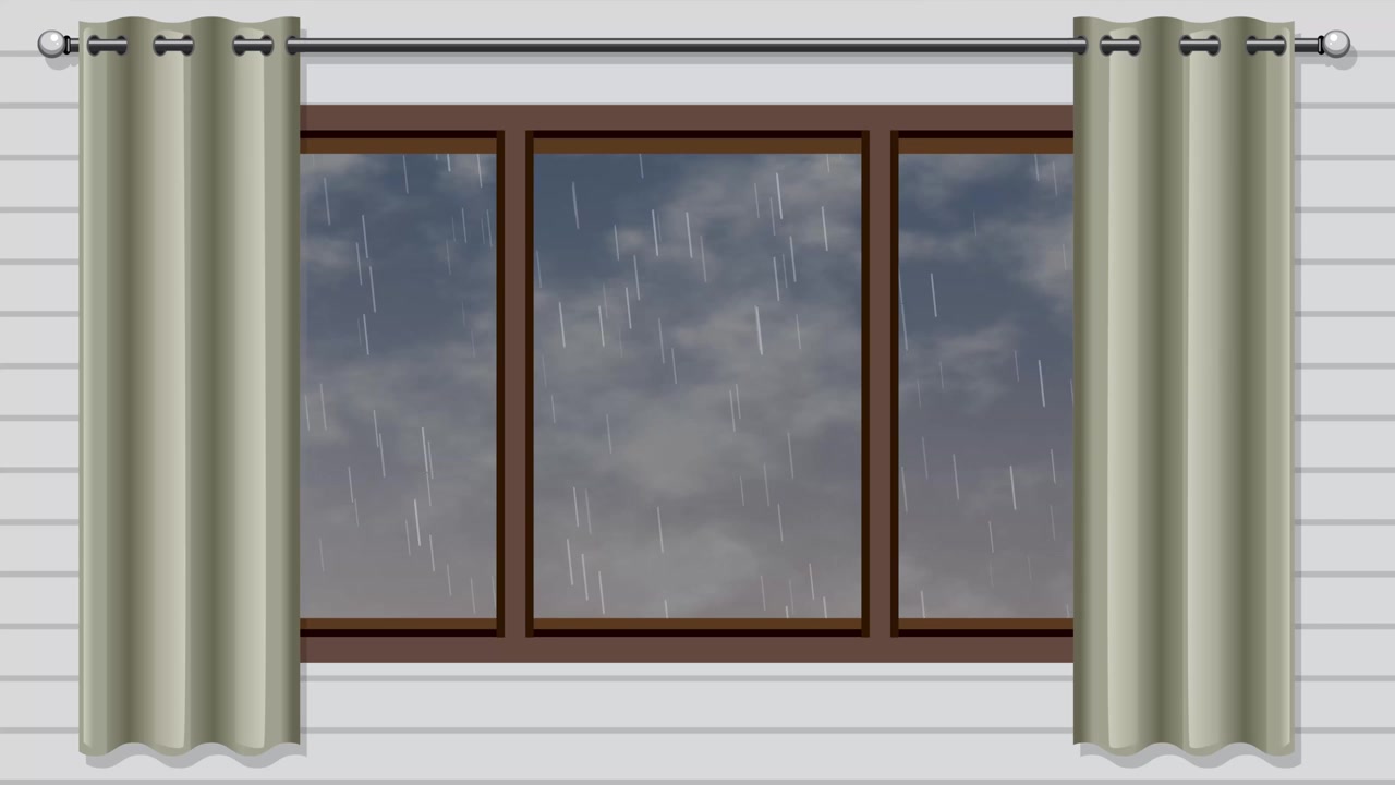 Looping animation of rain falling against a dark night sky seen through a window.