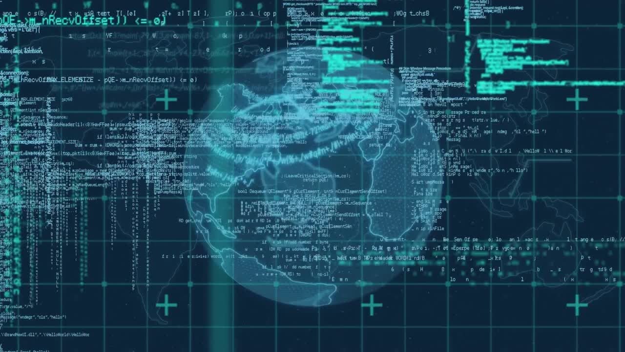 전 세계 지도 위의 파란 데이터 처리 인터페이스의 애니메이션