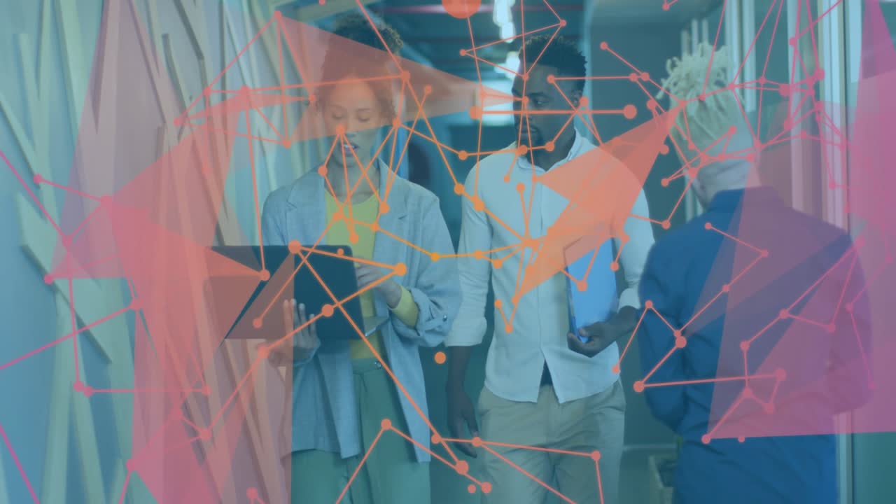 Blue jacket passing blurring, business team walking hall using tablet under pink orange overlay