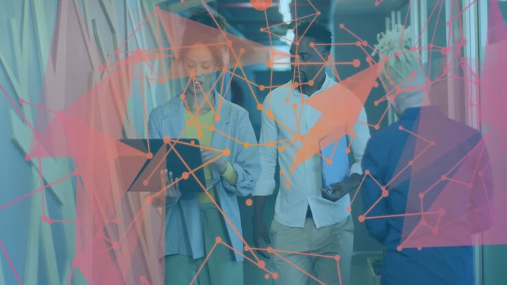 Blue jacket passing blurring, business team walking hall using tablet under pink orange overlay