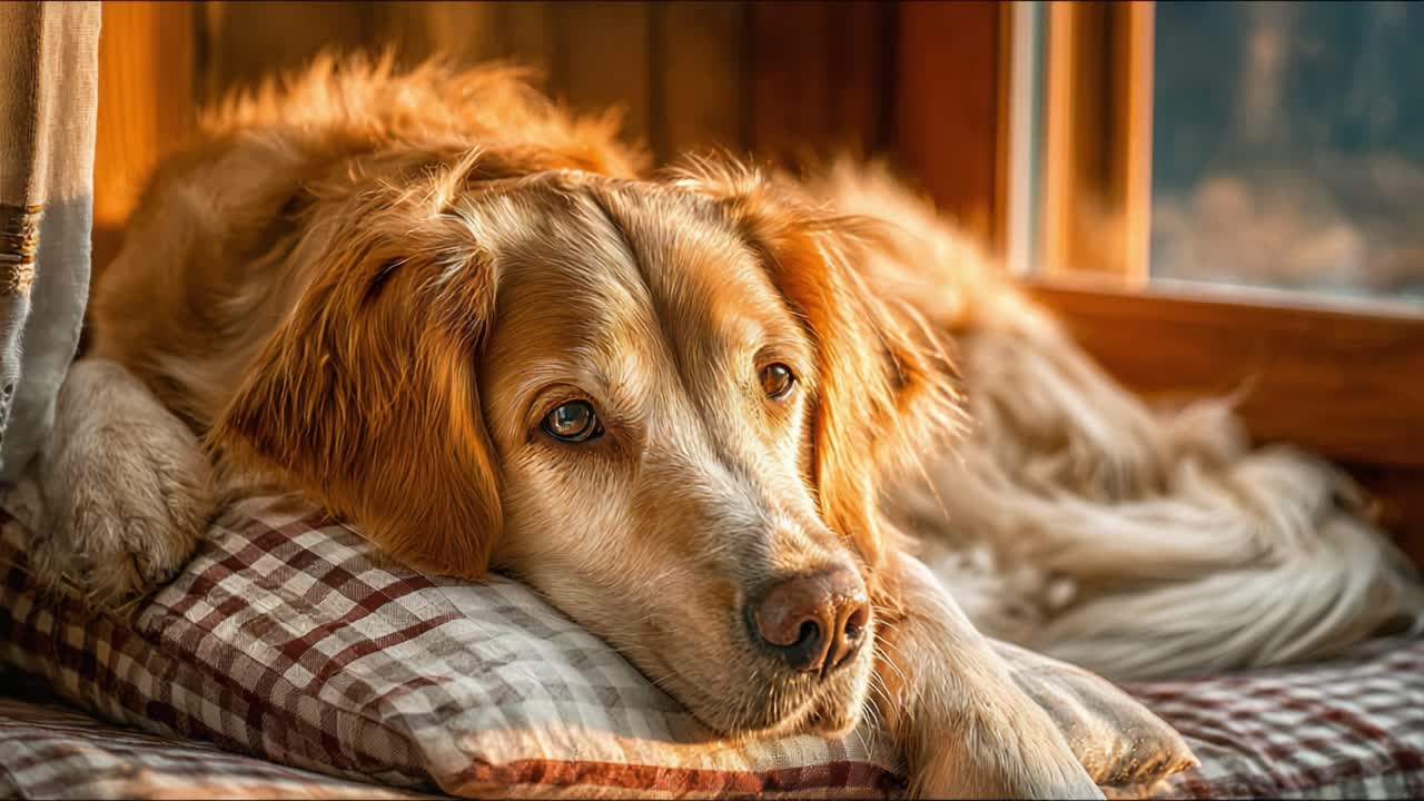 A Golden Retriever Relaxing by the Window Bathed in Warm Light, Capturing the Essence of Comfort and Serenity in a Cozy Home Environment