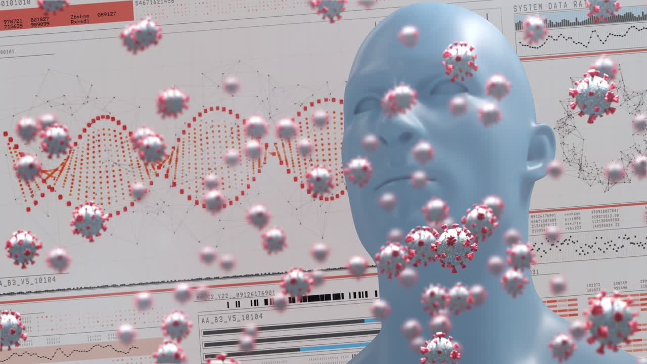 의료 데이터 처리에 대한 바이러스 세포와 인간 머리의 애니메이션