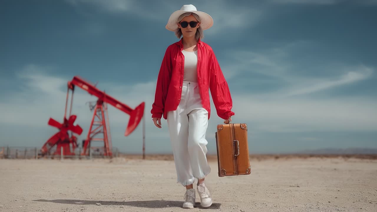 A woman in a red jacket and sun hat confidently strolls through an expansive landscape carrying a suitcase, with oil pumps operating in the background