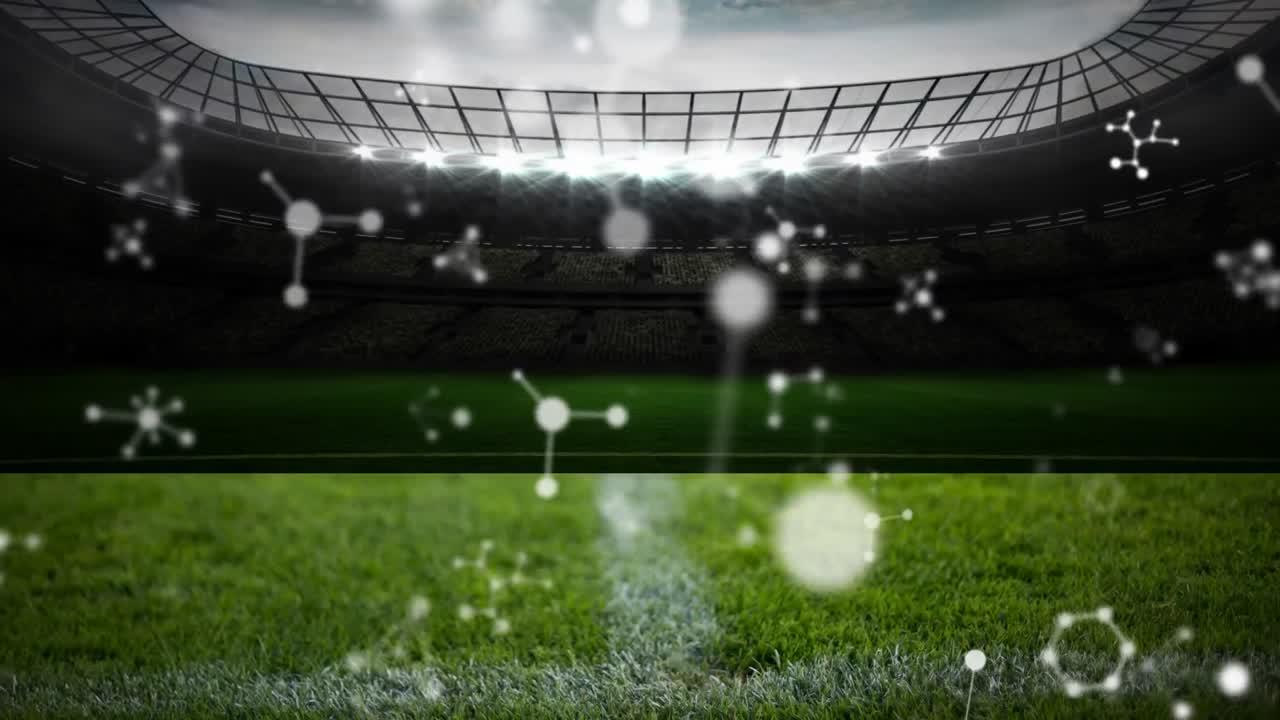 스타디움 위에서 회전하는 분자의 애니메이션