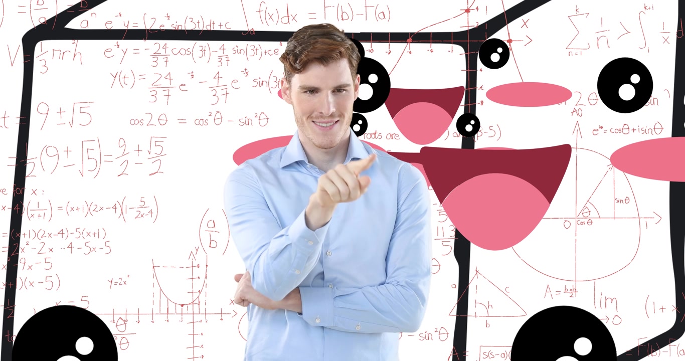Animation of caucasian businessman thinking on white background with graffiti and math symbols