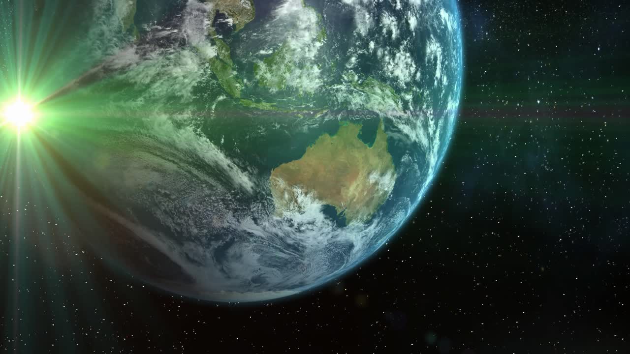 animación del planeta tierra en el universo y una estrella brillante verde vista desde el espacio