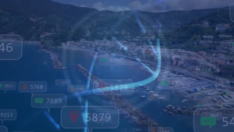 Animation-Von-Mediensymbolen-Und-DNA-Strang-über-Landschaft-Und-Stadt