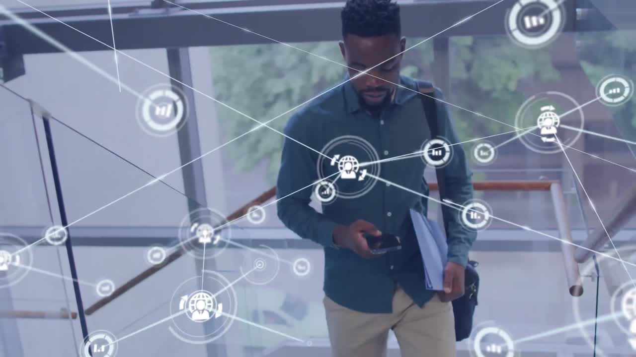 Animation of network of connections over african american businessman in office