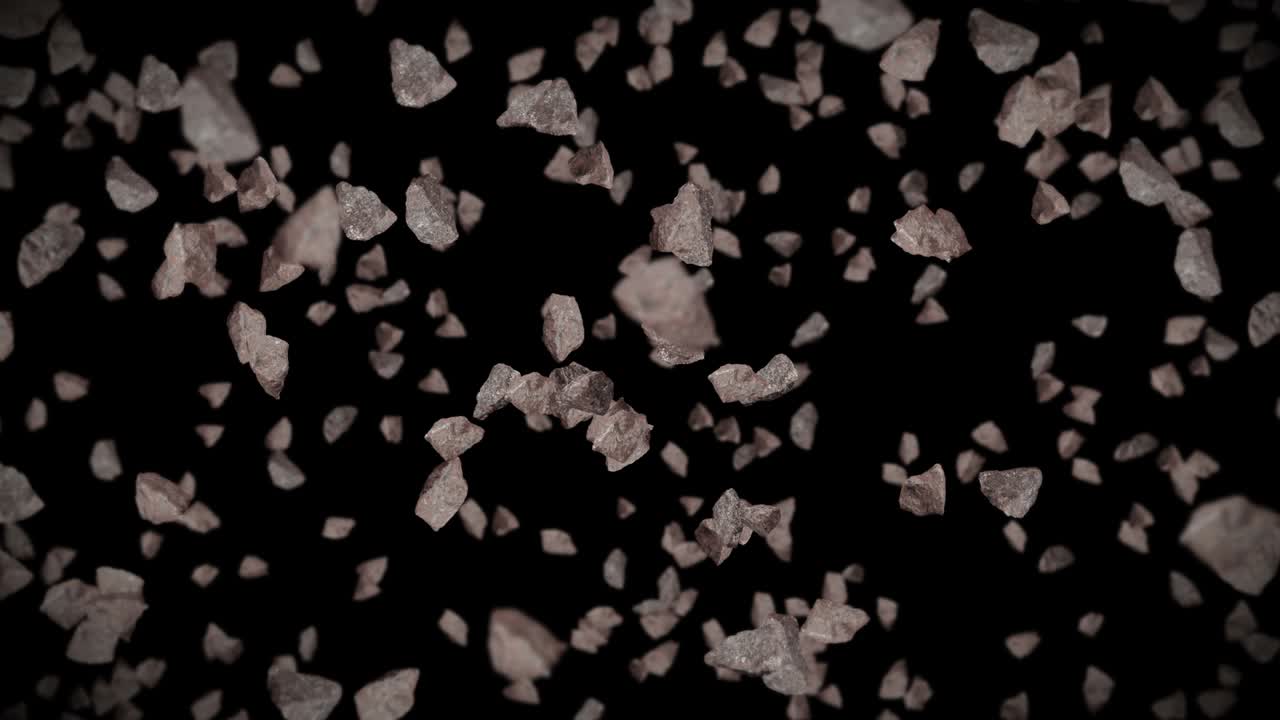검은 바탕에 많은 바위 돌을 날아. 깨진 스플래시 폭발. 도전 개념. 돌 스플래쉬 회전의 3d 애니메이션. 루프 애니메이션.