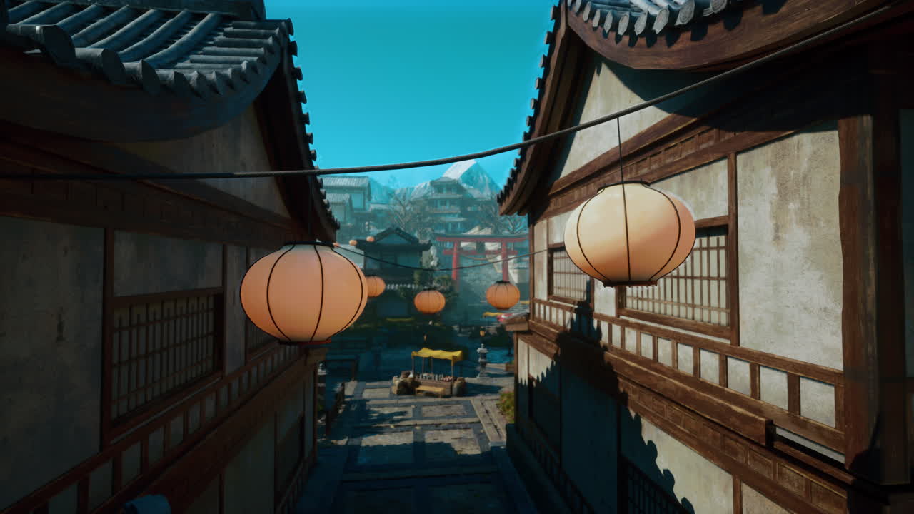 una pintoresca vista de una calle japonesa con edificios tradicionales y linternas