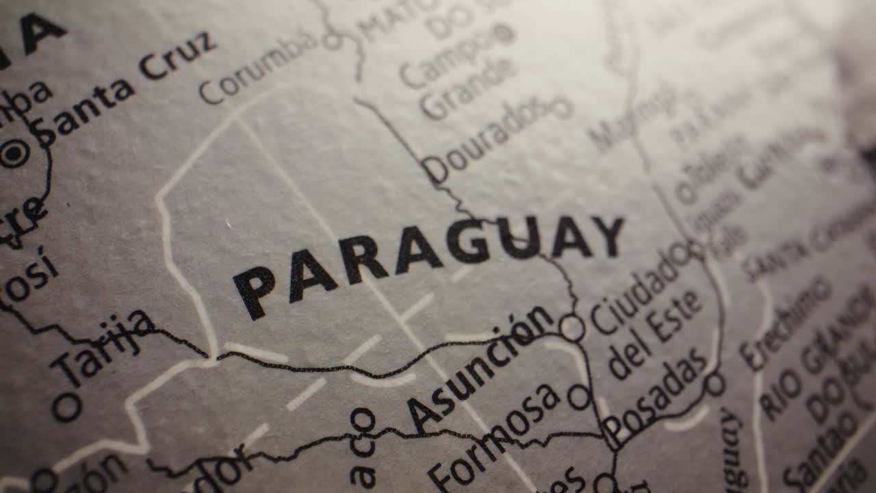 Close-up of Paraguay and surrounding regions on a map or globe