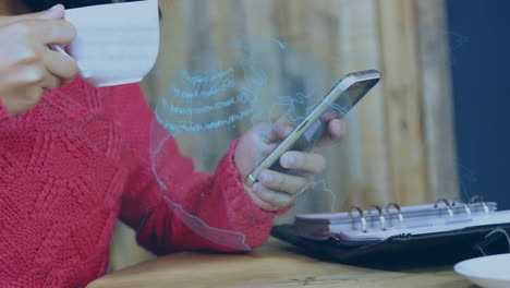 Animation-of-computer-language-on-globe,-biracial-woman-scrolling-on-cellphone-while-drinking-coffee