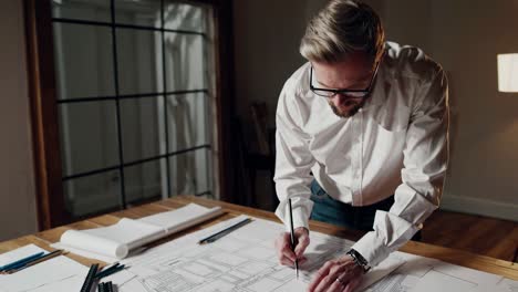 architect working on blueprints at desk