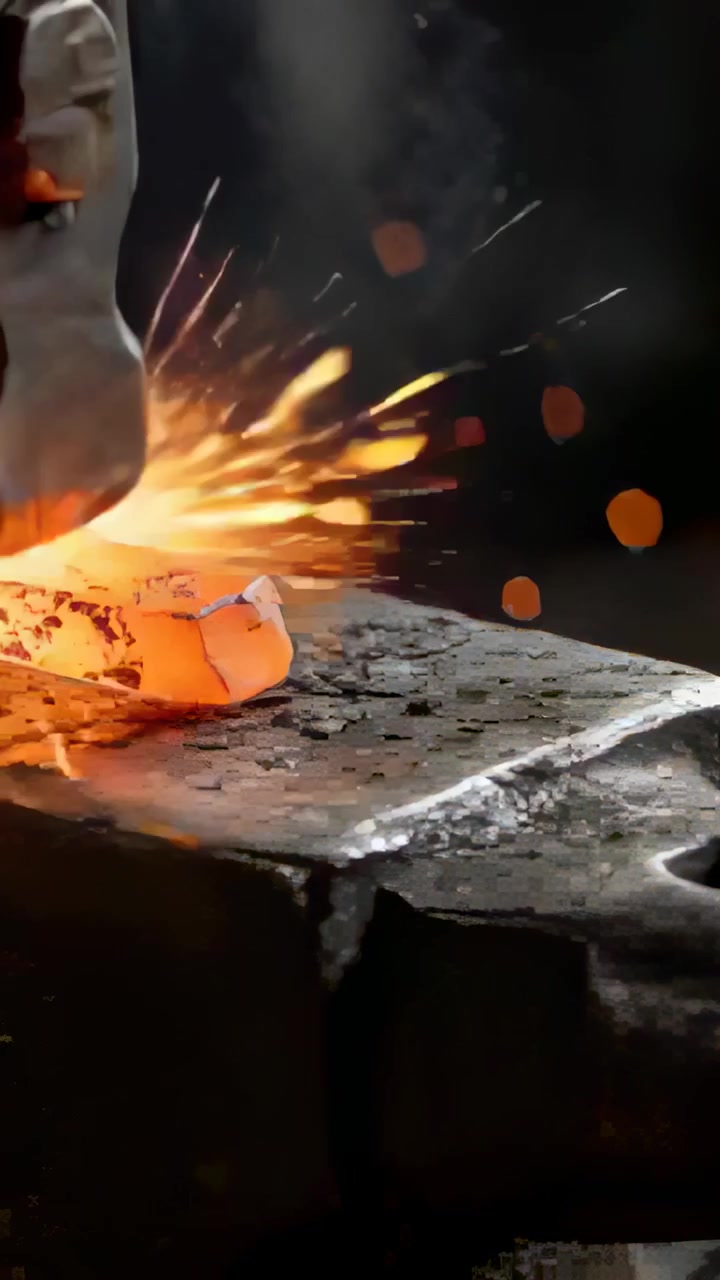 Vertical video: Hammering glowing billet, hammer head shaping at anvil sparks flying