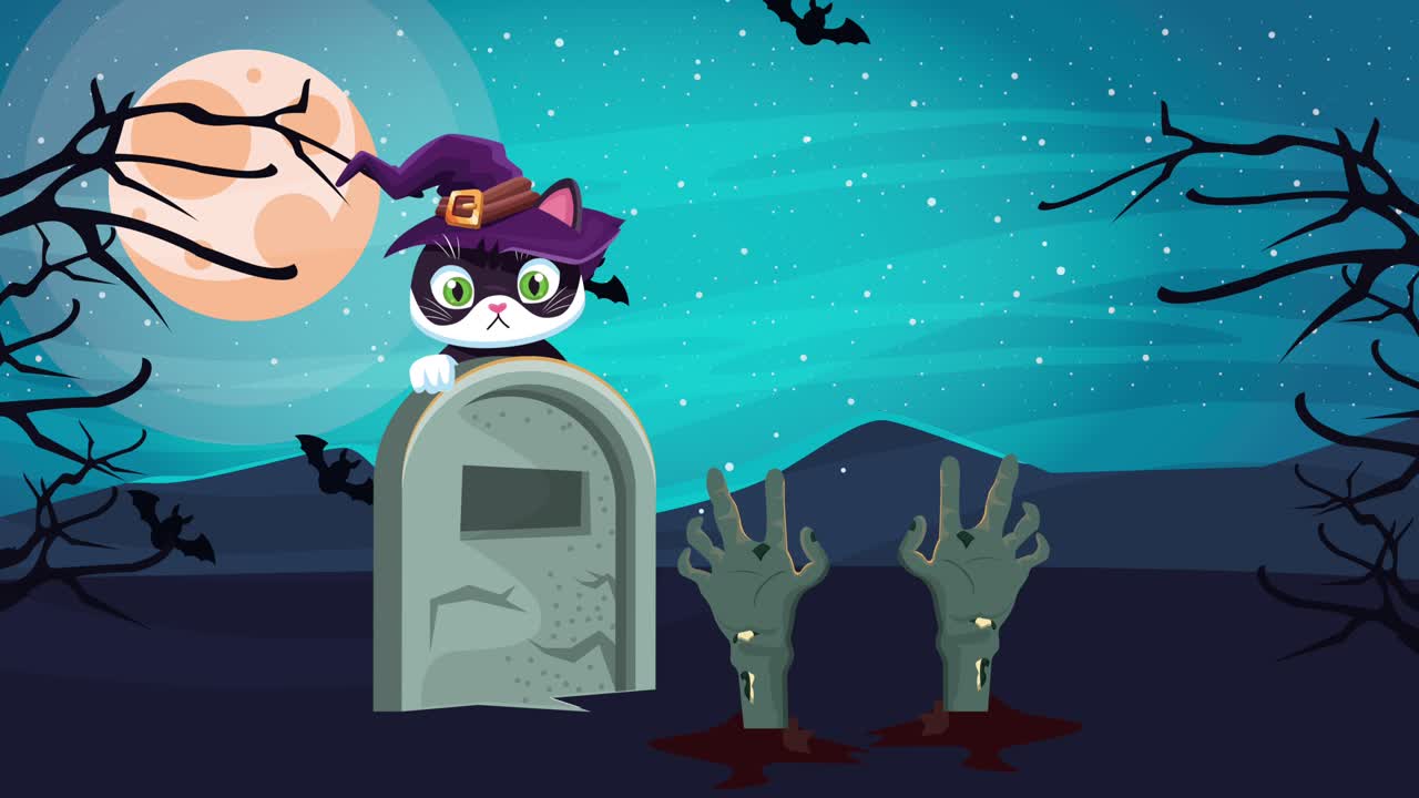 묘지에 마녀 모자를 입은 작은 고양이와 함께 행복한 할로윈 애니메이션 장면