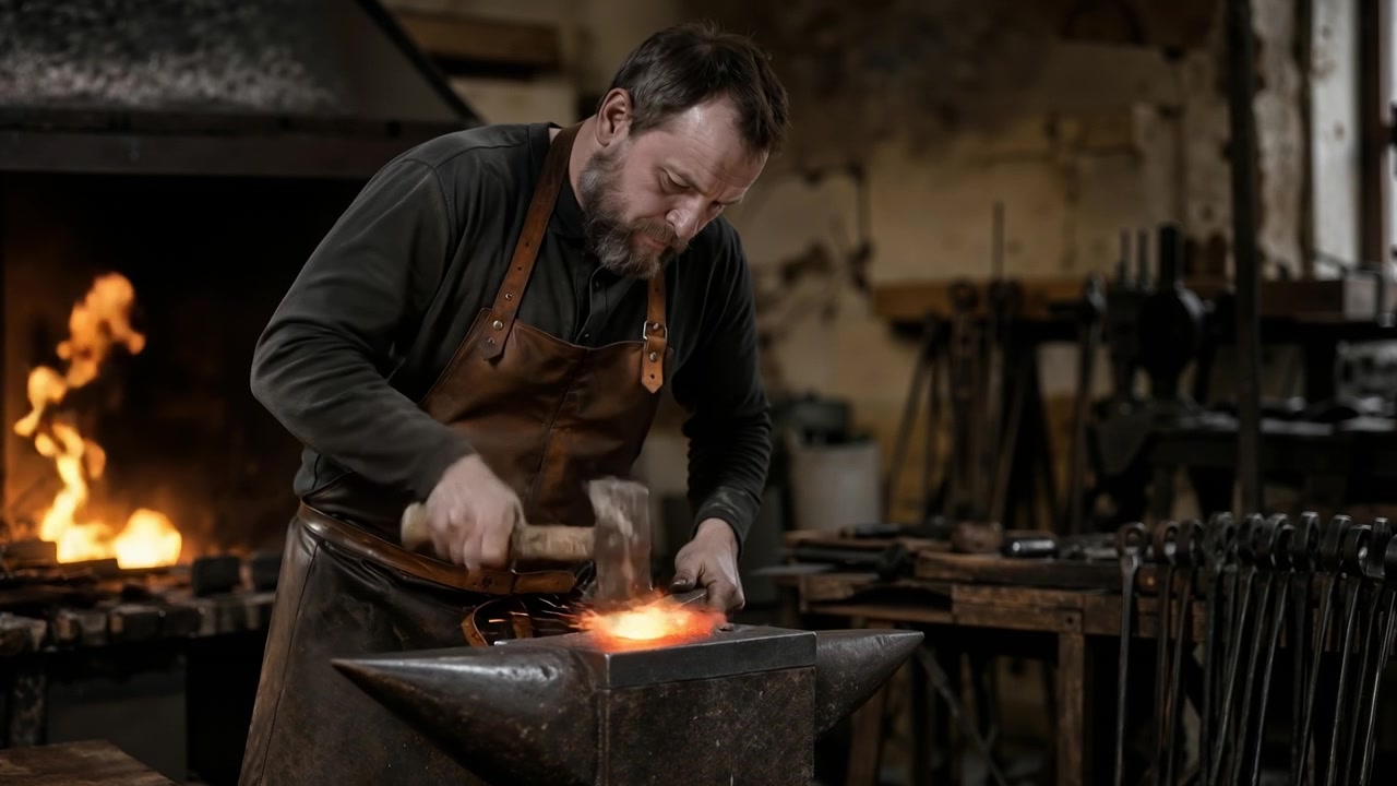 Smed i læderforklæde hamrer glødende rødglødende metal på ambolt i et traditionelt værksted