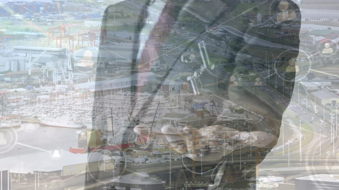 도시 풍경의 애니메이션을 통해 코카시안 사업가와 견과류와 볼트