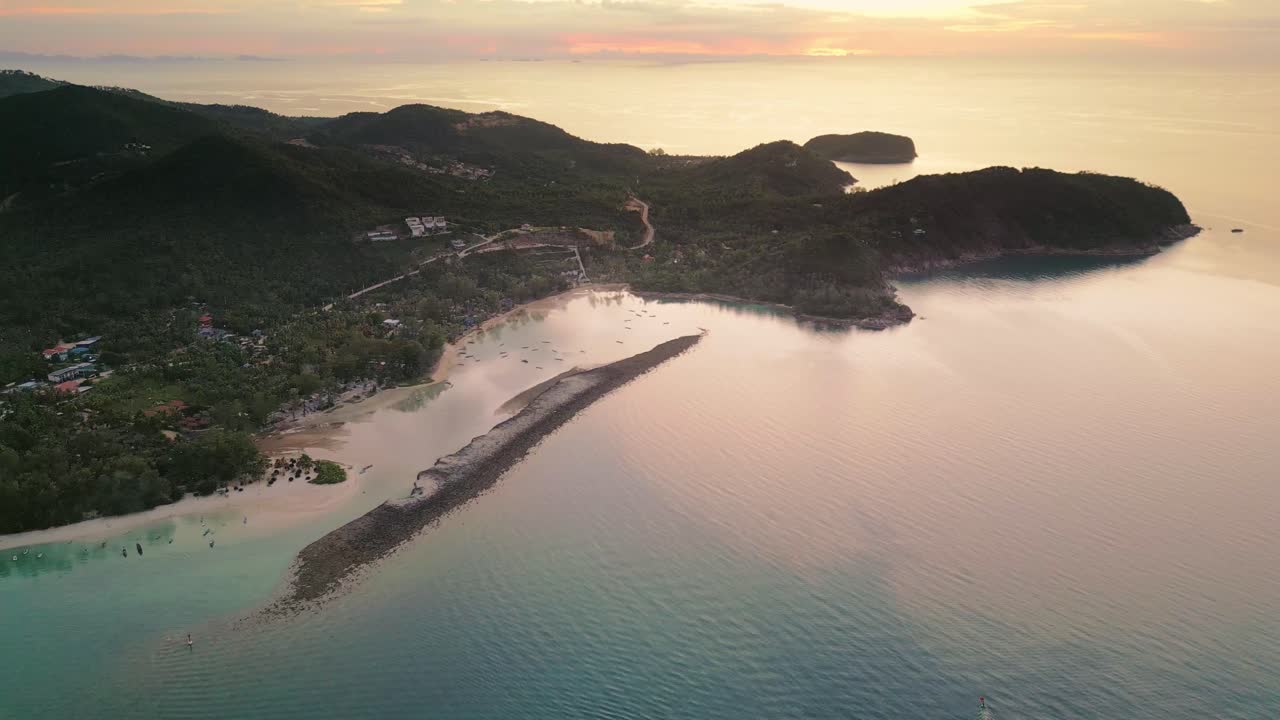 Aerial of Koh Nang Yuan islet at sunset beach in the island of Koh Phangan Thailand holiday destination