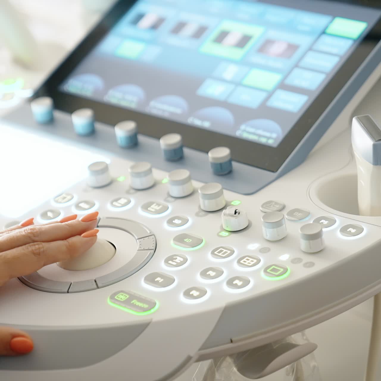 Female hand operating the modern ultrasonic equipment. Doctor presses buttons on the keyboard. Close up