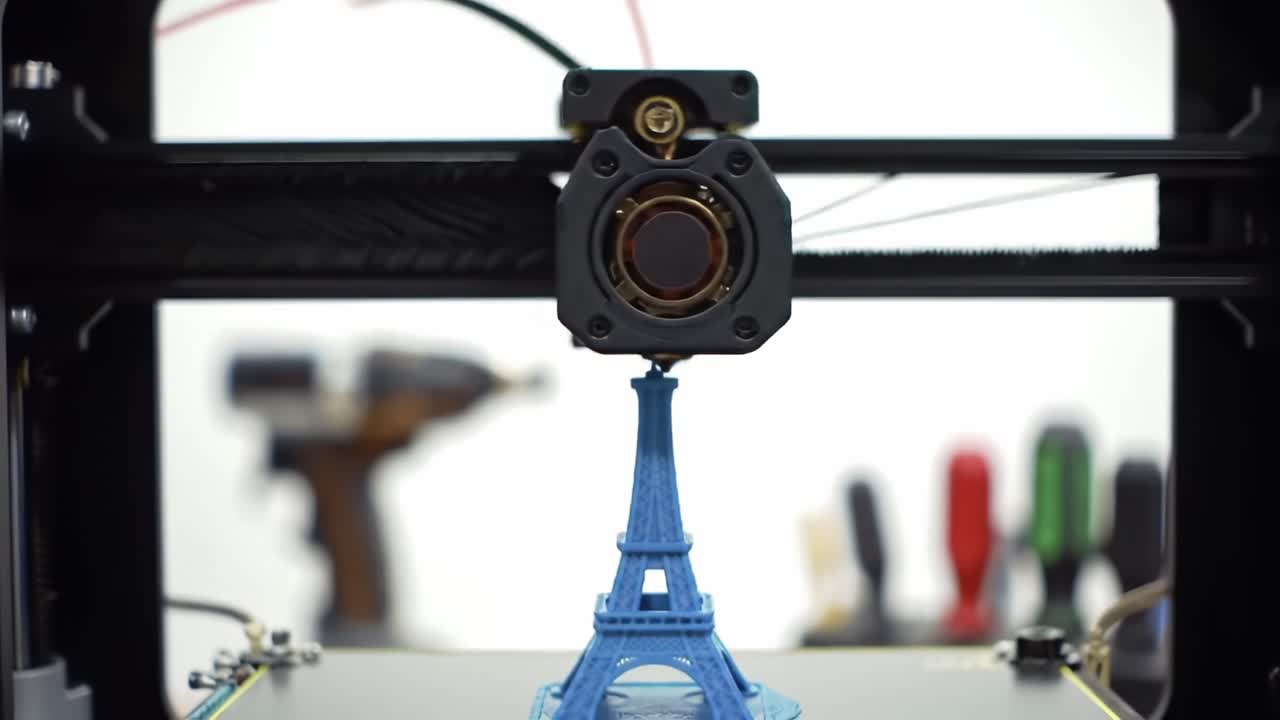 Capturing the Intricate Process of a 3D Printer Creating a Detailed Eiffel Tower Model in Vibrant Blue Amidst a Workshop Setting
