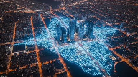 aerial view of a futuristic city landscape with illuminated pathways and skyscrapers showcasing urban connectivity at night