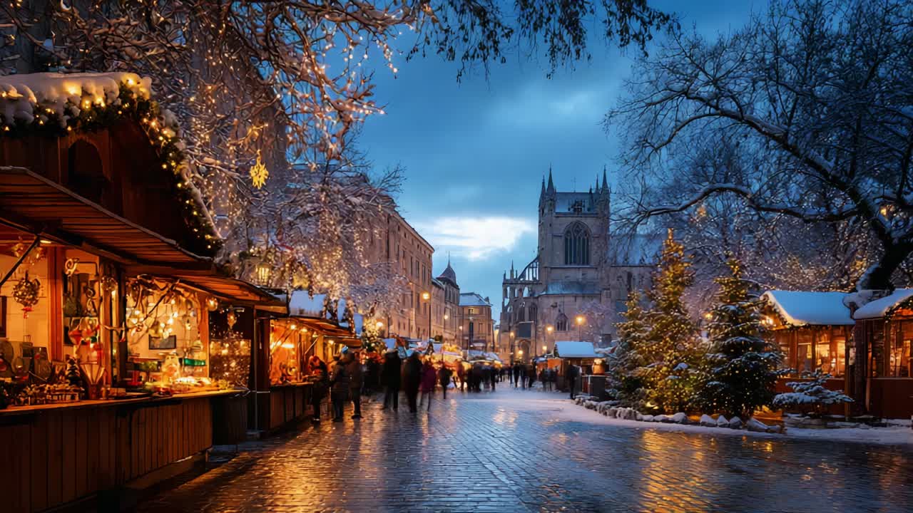 Charming Winter Market Scene With Twinkling Lights, Festive Decorations, and Snow-Covered Trees Creating a Magical Atmosphere at Dusk Surrounded by Historic Architecture and Joyful Crowds