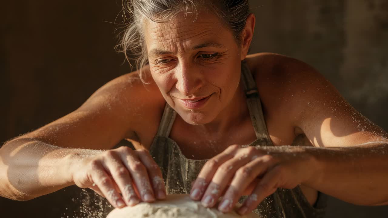Modelando padeiro enfarinhado com avental de correia pressionando massa sobre o balcão da padaria para formar um pão