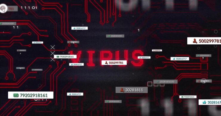 Opening with black data labels red circuits spreading and VIRUS text glitching representing threat