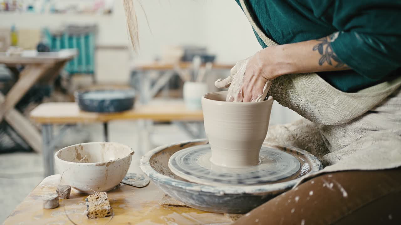 알 수 없는 여성 도자기가 도자기 바에 도자기 비를 만드는 클로즈업, 느린 동작