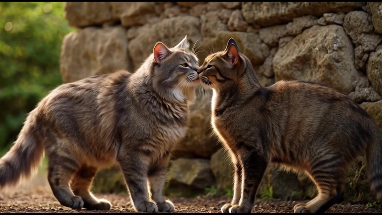 Due gatti che si salutano all'aperto vicino a un muro di pietra.