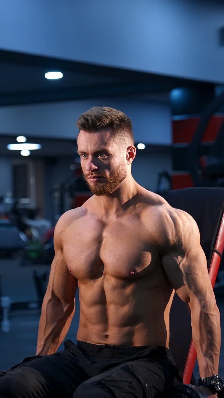 Handsome power athletic man bodybuilder doing exercises with dumbbells. Fitness muscular body on dark gym background. Vertical video