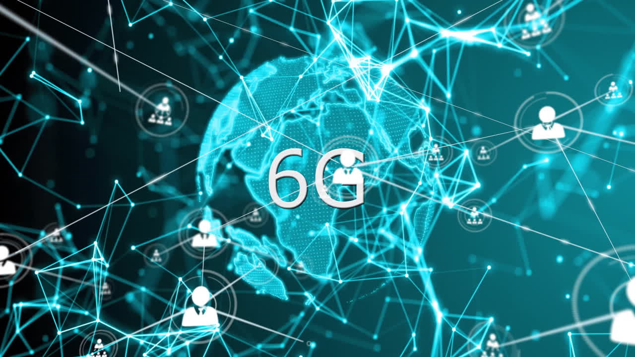 animación de texto 6g, red de conexiones con personas iconos en todo el mundo
