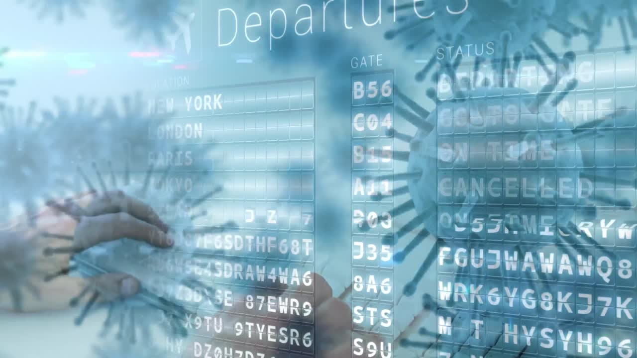 맥로 코로나 바이러스가 배경으로 비행기 출발과 함께 퍼지고 있습니다.