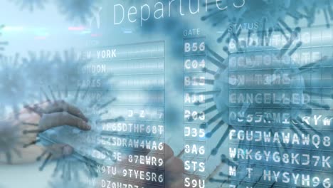 macro virus de la corona que se propaga con la salida del vuelo en el fondo