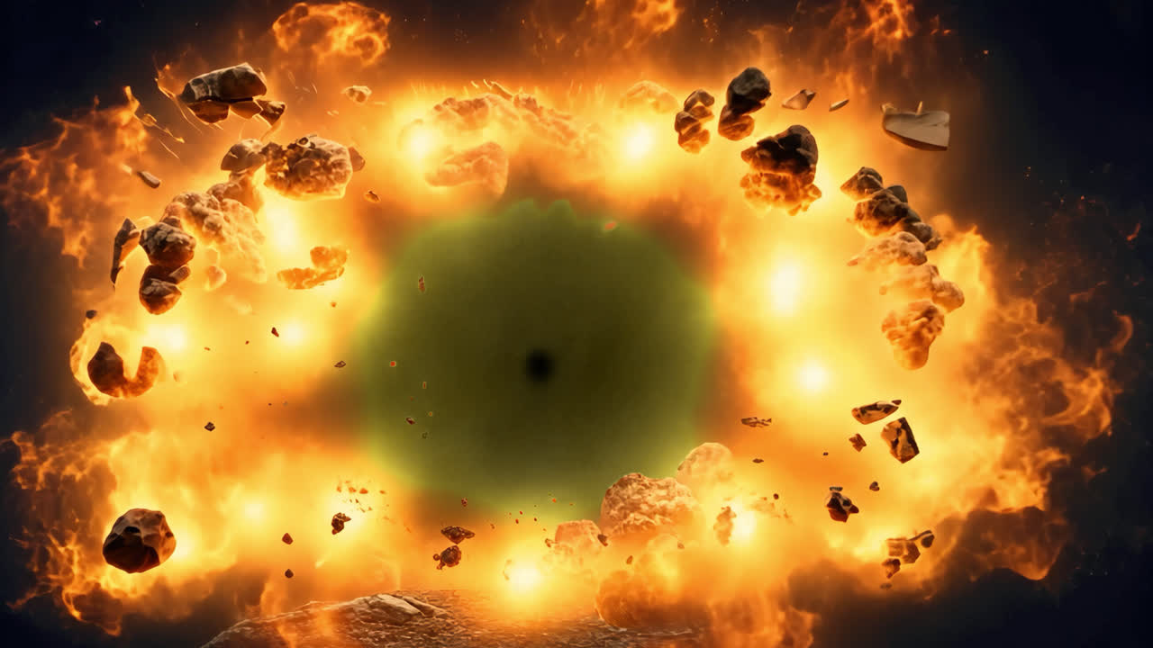 Fiery explosion with debris and glowing embers in a dark sky animated overlay, transparent 4K video