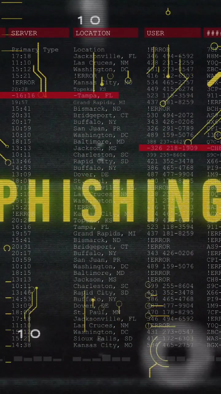 Animazione di testo di phishing ed elaborazione di dati digitali su sfondo nero.
