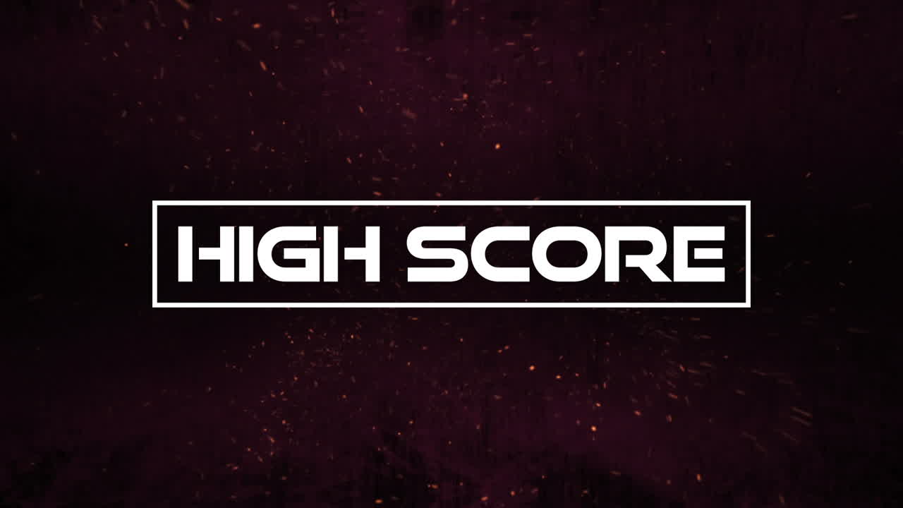 animación del efecto glitch sobre el banner de texto de alta puntuación sobre partículas rojas contra un fondo negro.