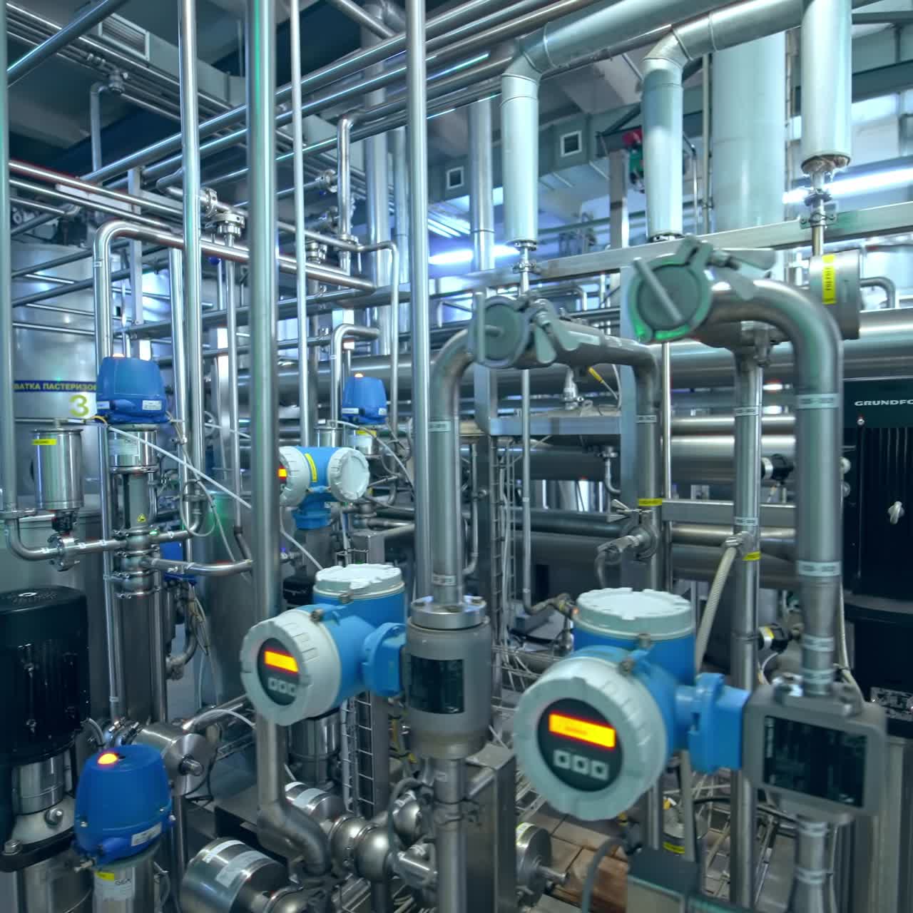 Automated system of equipping at diary plant. Difficult and complicated pipelines for processing milk. Dolly shot