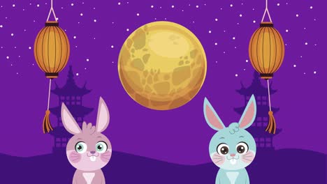 animación del festival de la luna feliz con conejitos y luna llena dorada