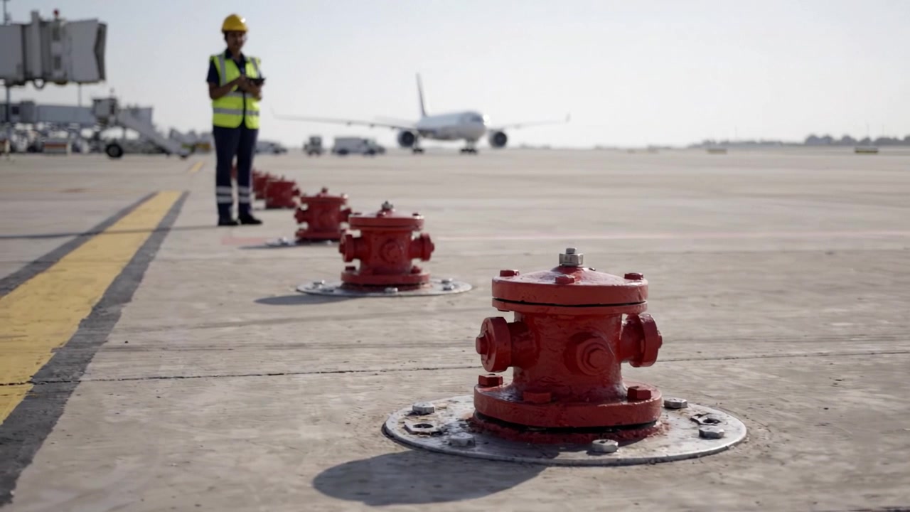 Un diligente operatore aeroportuale ispeziona idranti antincendio essenziali sul piazzale, mentre un aereo si prepara alla partenza sullo sfondo in una giornata di sole.